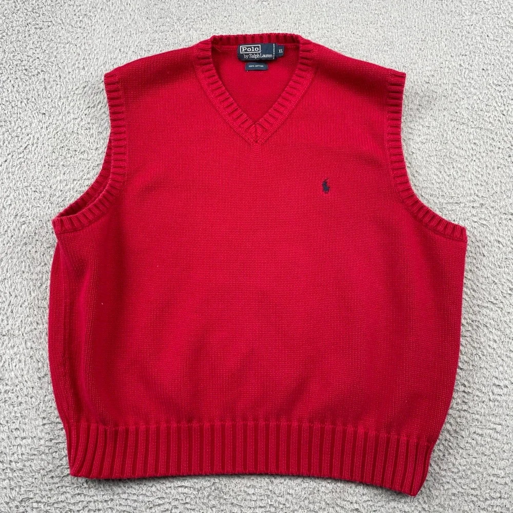Polo Ralph Lauren Sweater Vest Mens XL Red V-Neck Cotton Knit Pony Logo Classic